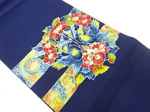 手描き向かい鳥に草花・横段模様名古屋帯